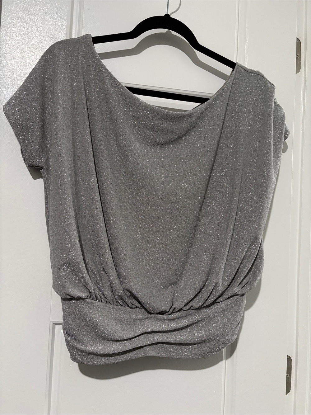 Express Silver Gray Sparkle Drape-Front Top